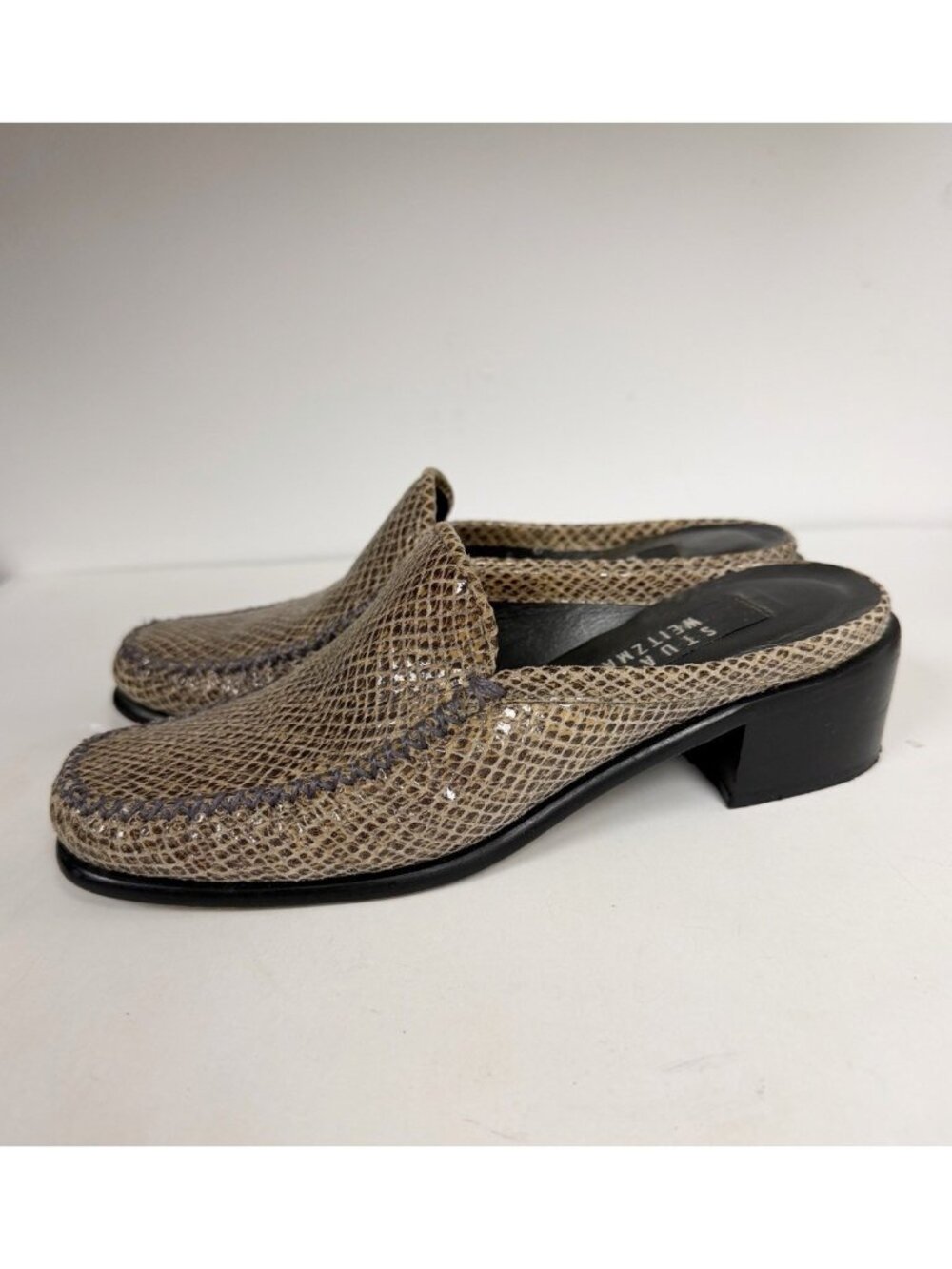 Womens 5.5 Stuart Weitzman Mule Slip On Shoes Brown Leather Python Snake Print